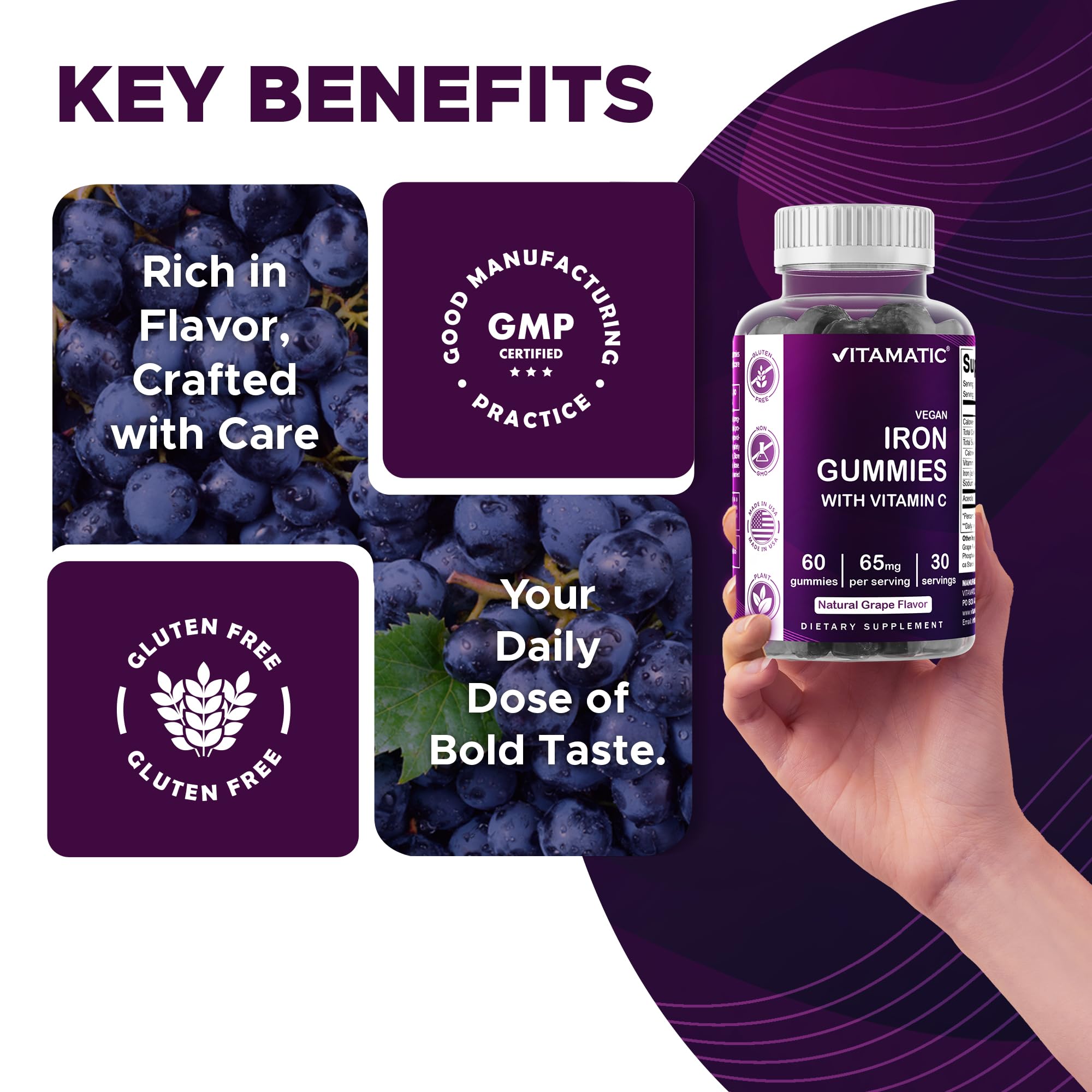 Vitamatic Iron 65 mg Gummies packaging highlights free of common allergens