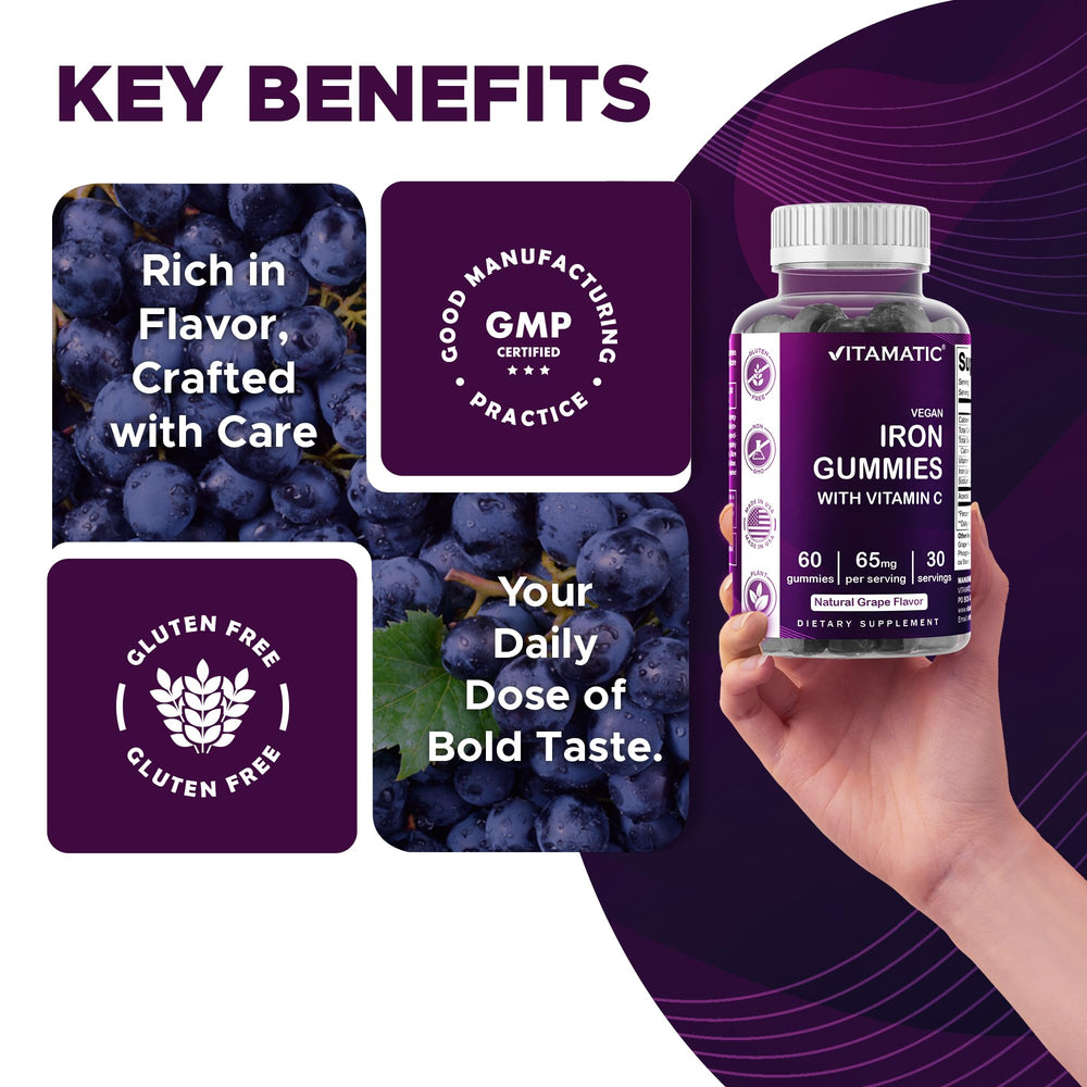 Vitamatic Iron 65 mg Gummies packaging highlights free of common allergens