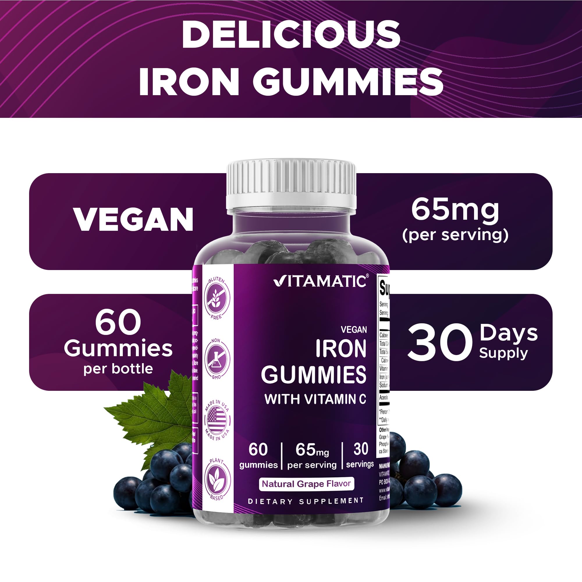 Vitamatic Iron 65 mg Gummies vegan-friendly plant-based formula for daily iron support