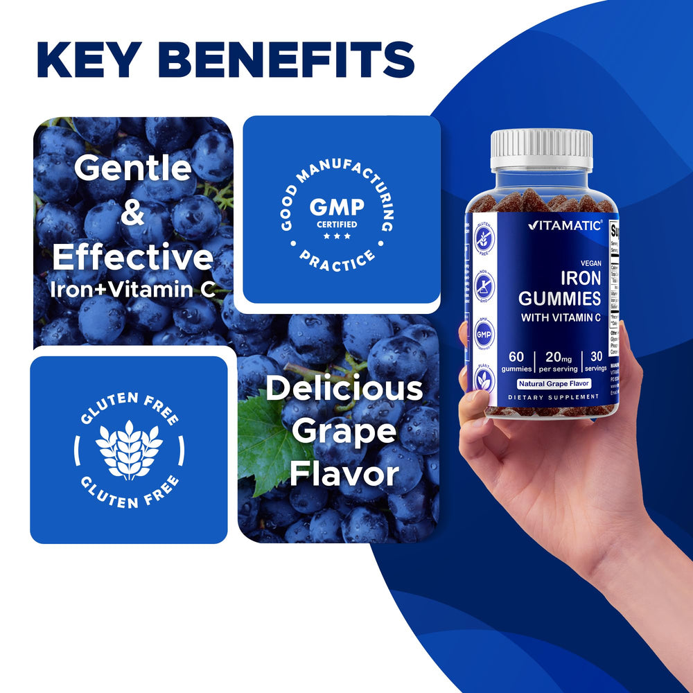 Vitamatic Iron Gummies label indicates free from starch, soy, wheat, and artificial additives