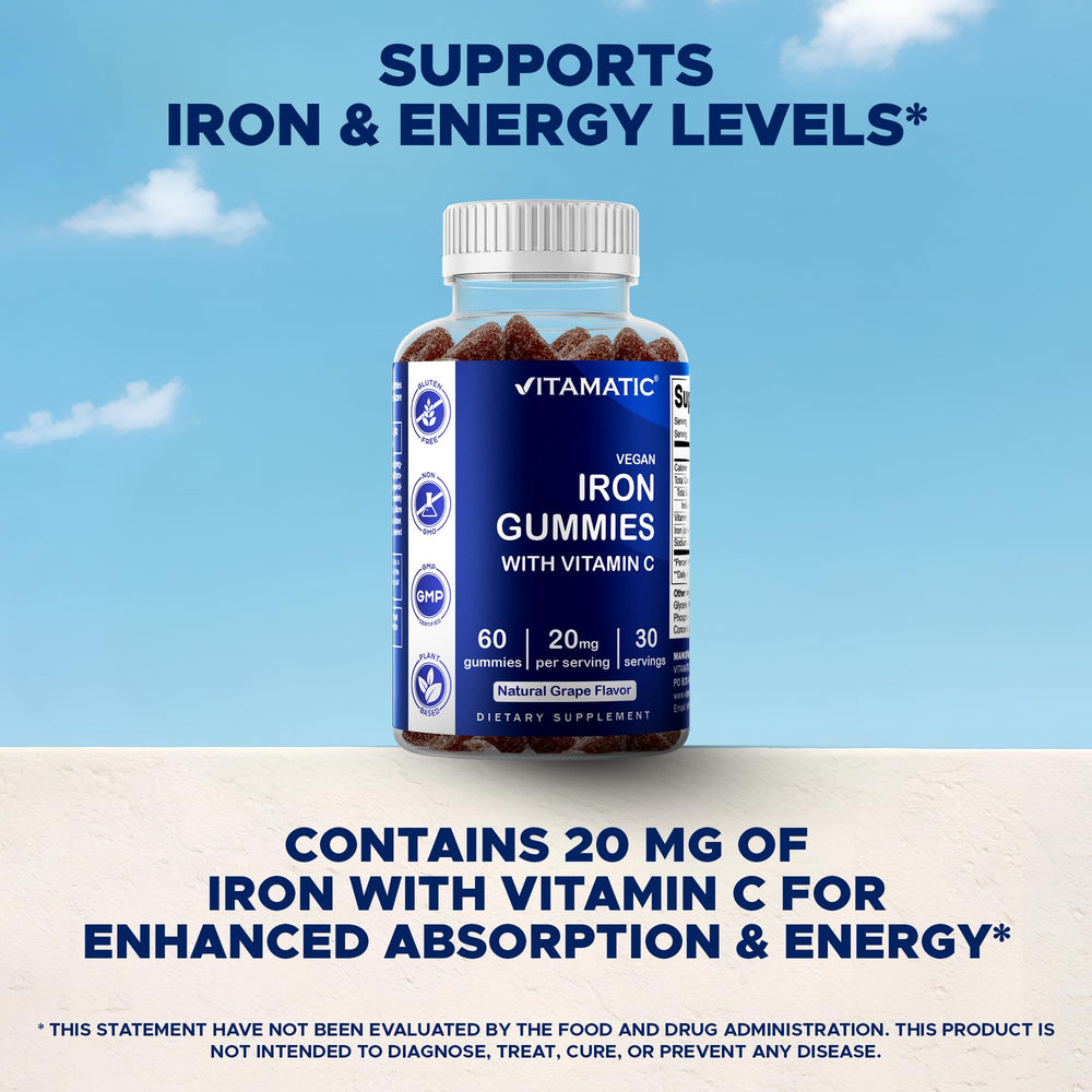 Vitamatic Iron Gummies packaging open with visible gummies for quick daily use