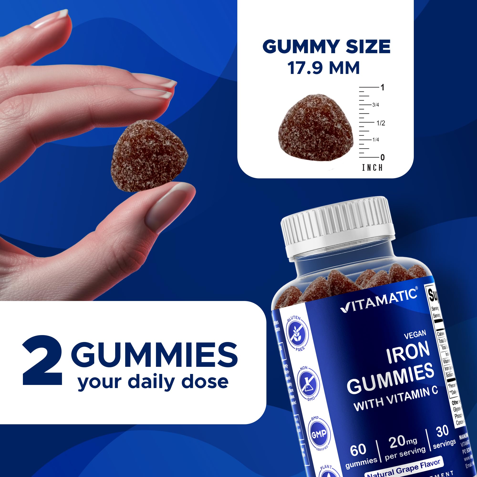 Vitamatic Iron Gummies serving 20 mg iron per dose supports energy and red blood cell formation