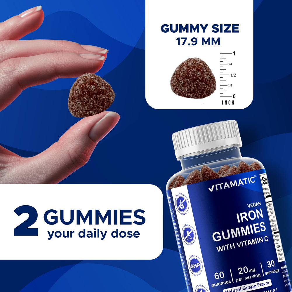 Vitamatic Iron Gummies serving 20 mg iron per dose supports energy and red blood cell formation