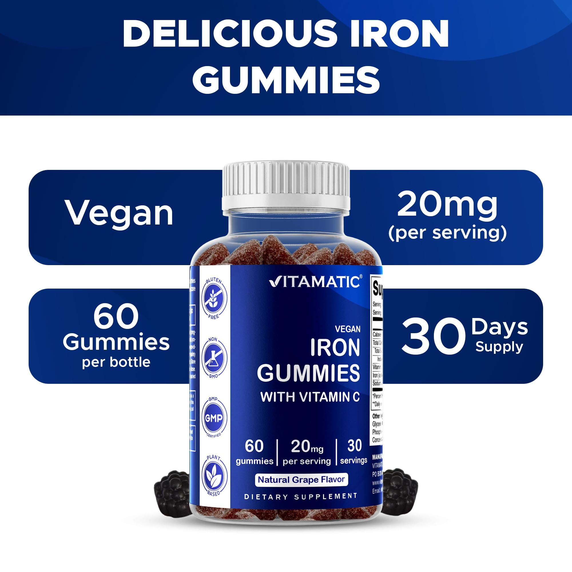 Vitamatic Iron Gummies vegan-pectin base highlighted as plant-based iron option
