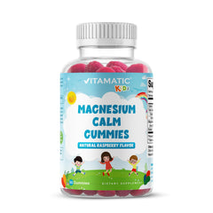 Vitamatic Kids Magnesium Calm Gummies bottle with raspberry flavor for daily kid-friendly use