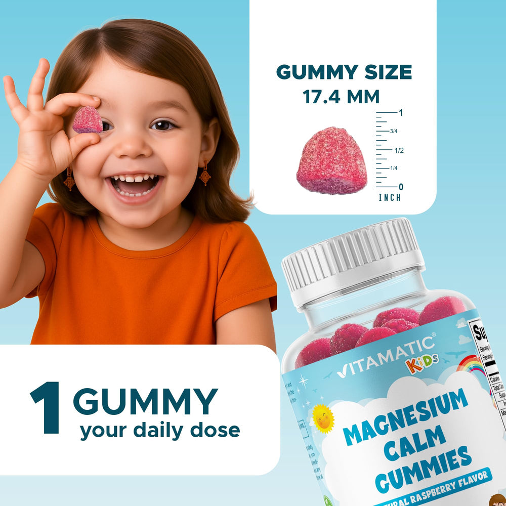 Vitamatic Kids Magnesium Calm Gummies raspberry flavor in bright packaging