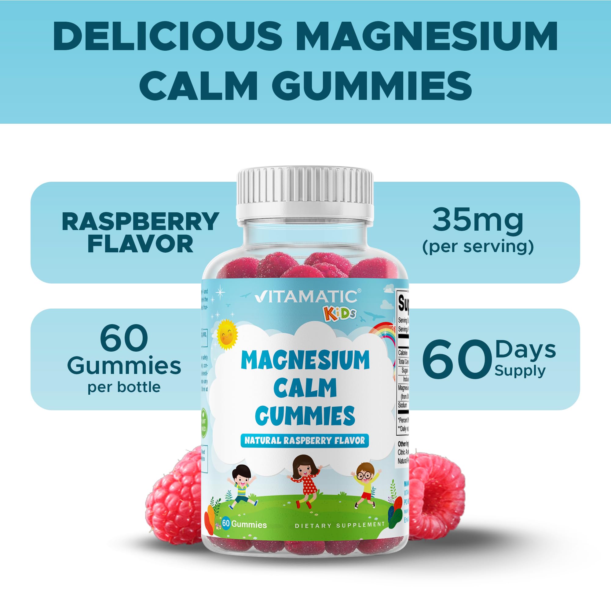 Vitamatic vegan-friendly magnesium gummies label highlighting plant-based ingredients