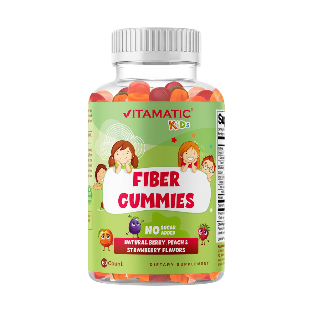 Vitamatic Kids Prebiotic Fiber Gummies bottle with 4g fiber per serving