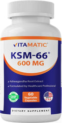 Vitamatic KSM-66 Ashwagandha bottle showcasing premium extract for daily energy support.