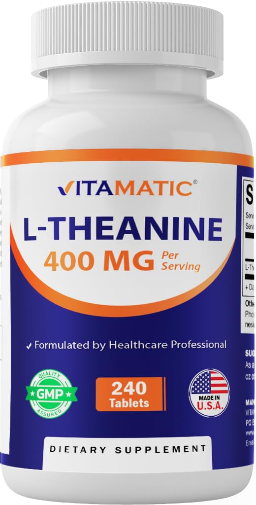 Vitamatic L-Theanine bottle front shows 240-tablet daily supply for consistent use.