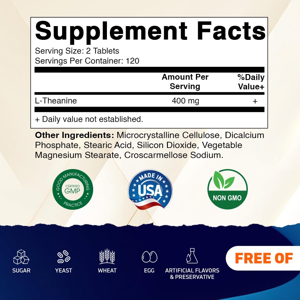 Vitamatic L-Theanine 400mg per serving label close-up highlights dosage for daily use.