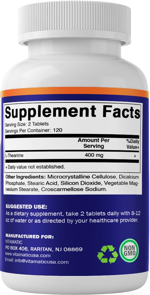 Vitamatic L-Theanine supplement facts close-up shows 400mg per serving.