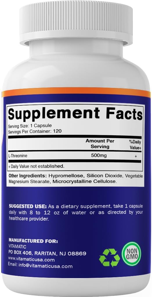 Vitamatic L-Threonine non-GMO and gluten-free indicators on packaging.