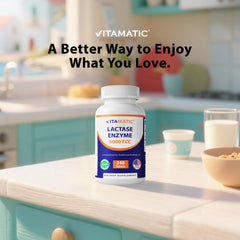 Label shows USA-made production and GMP quality for Vitamatic lactase enzyme