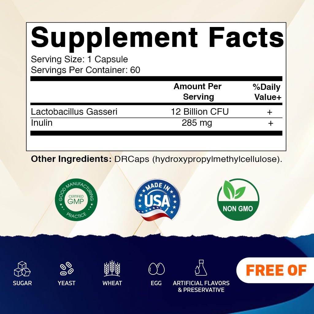 Vitamatic Lactobacillus Gasseri bottle nutrition panel shows non-GMO and gluten-free features.