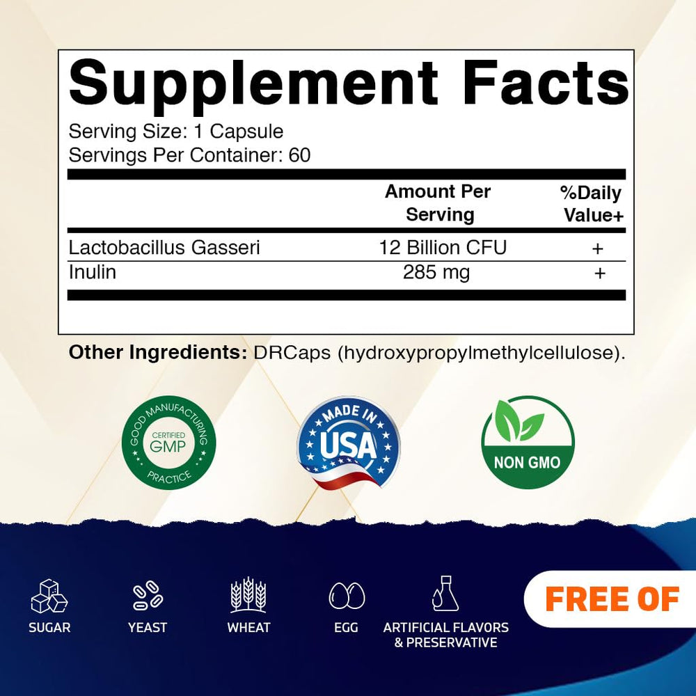 Vitamatic Lactobacillus Gasseri bottle nutrition panel shows non-GMO and gluten-free features.