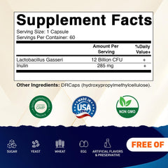 Vitamatic Lactobacillus Gasseri bottle nutrition panel shows non-GMO and gluten-free features.