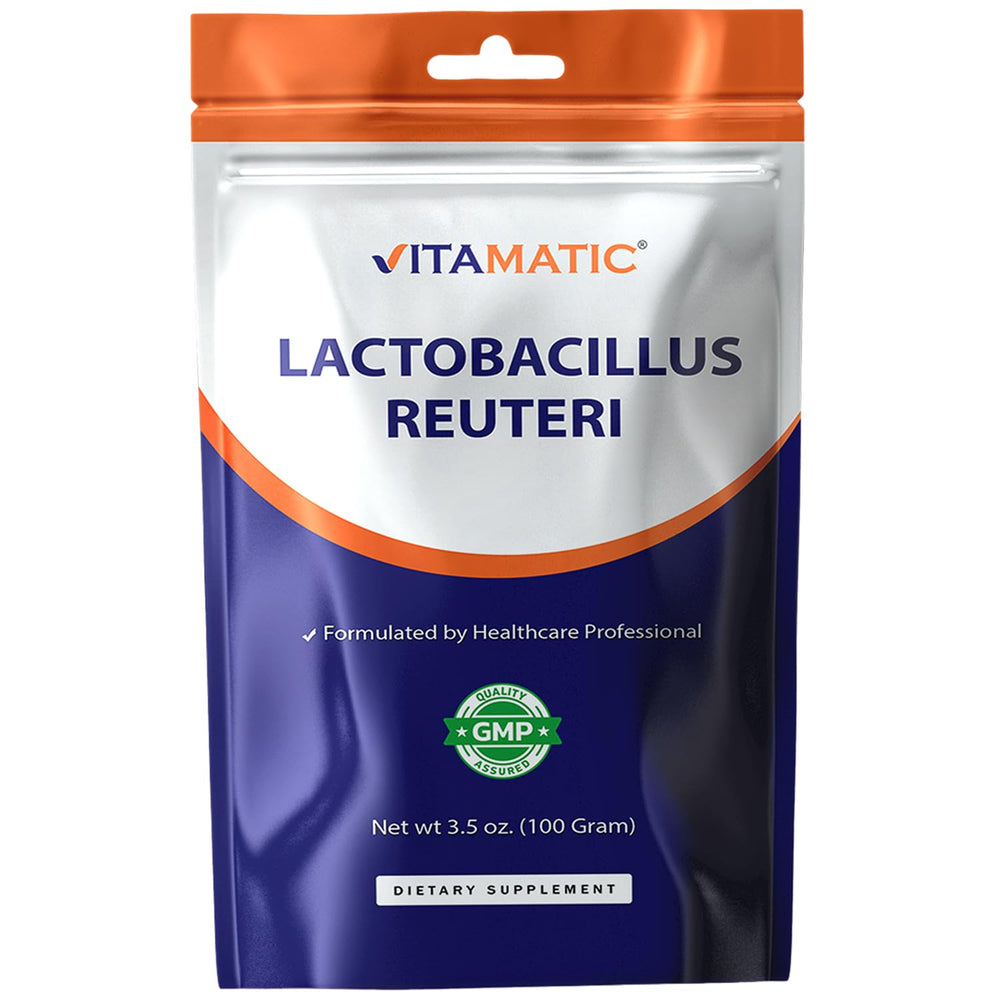 Vitamatic Lactobacillus Reuteri powder bottle for daily digestive support.