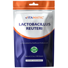 Vitamatic Lactobacillus Reuteri powder bottle for daily digestive support.