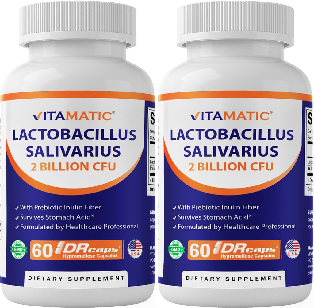 Vitamatic Lactobacillus Salivarius bottle front for daily digestive support.