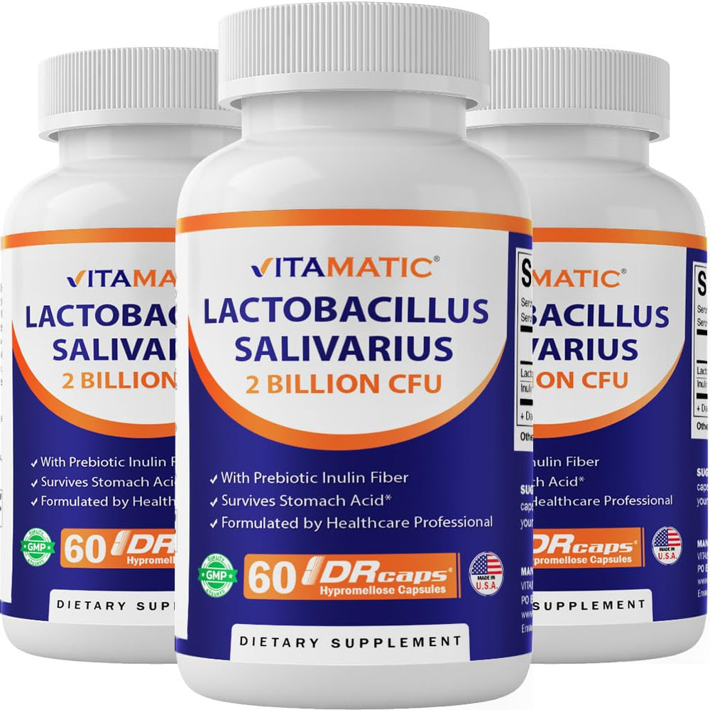 Vitamatic Lactobacillus Salivarius bottle shown for daily digestive support with probiotic prebiotic blend.