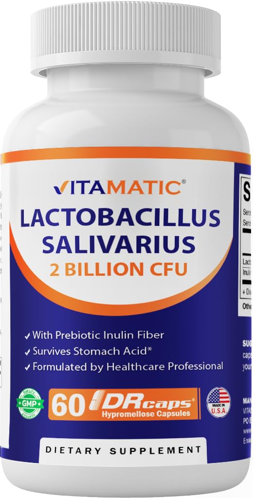 Vitamatic Lactobacillus Salivarius bottle showing a 60-count package for daily digestive support.