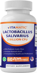 Vitamatic Lactobacillus Salivarius bottle showing a 60-count package for daily digestive support.