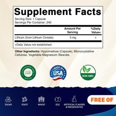 Vitamatic Lithium Orotate 5mg capsules close-up shows easy-to-swallow veggie capsules.