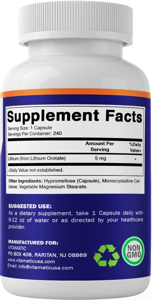 Vitamatic Lithium Orotate 5mg label highlights gluten-free and non-GMO certification.