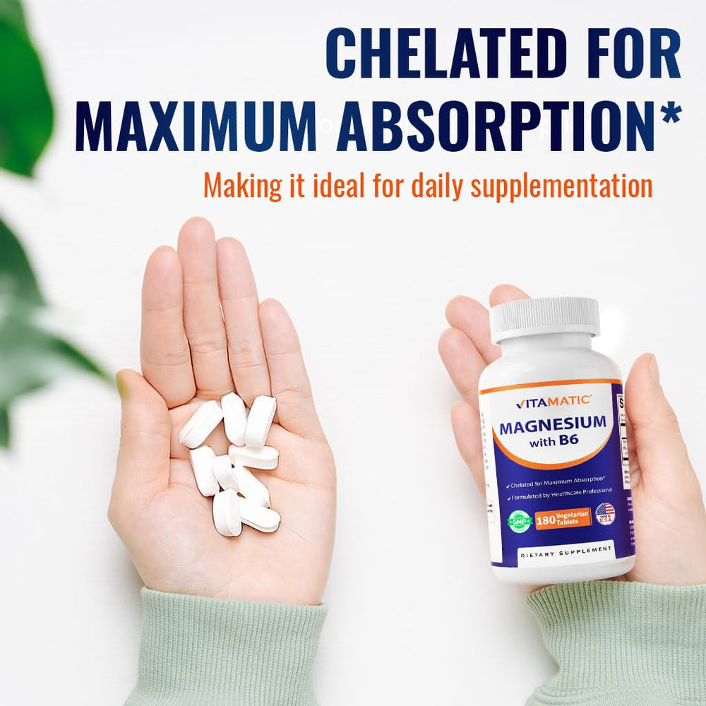 Vitamatic Magnesium with B6 bottle beside a glass to suggest daily supplementation