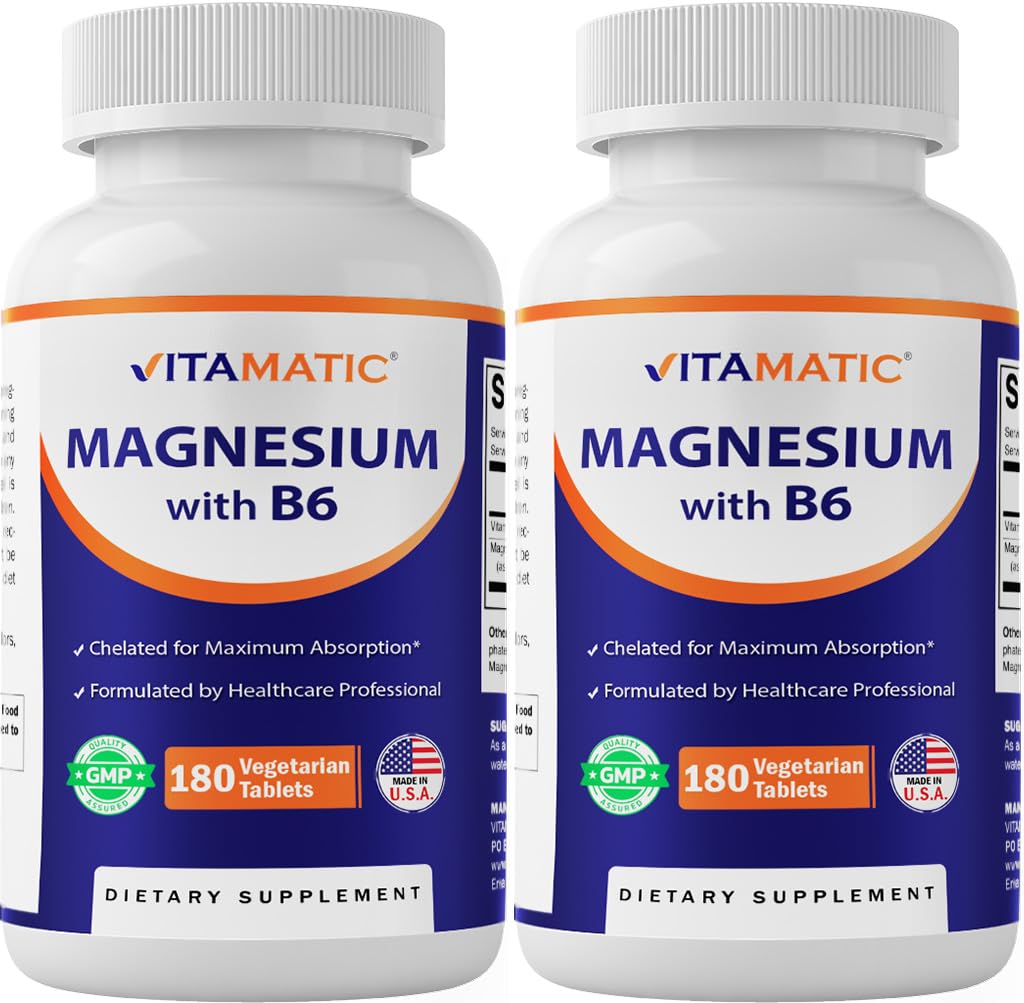 Vitamatic Magnesium with B6 180-tablet bottle shown for daily wellness use