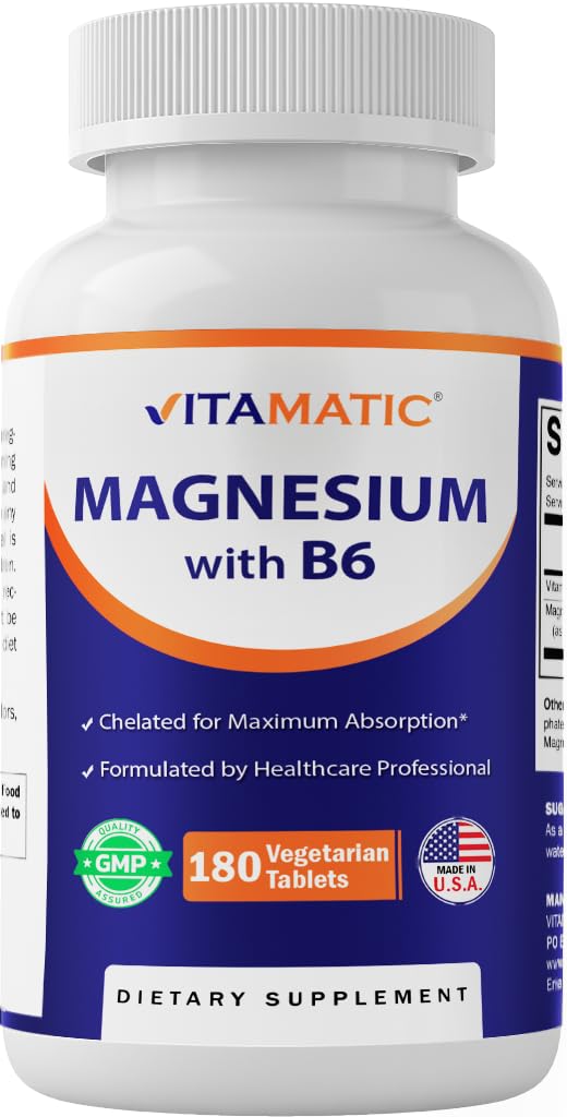 Vitamatic Magnesium with B6 bottle showcasing 180 tablets for daily wellness
