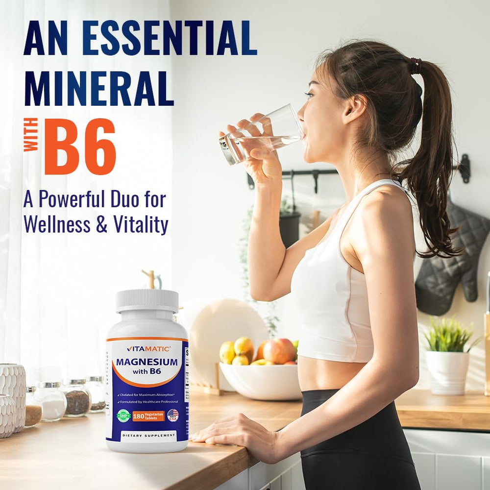 Vitamatic Magnesium with B6 daily-use scene with glass of water