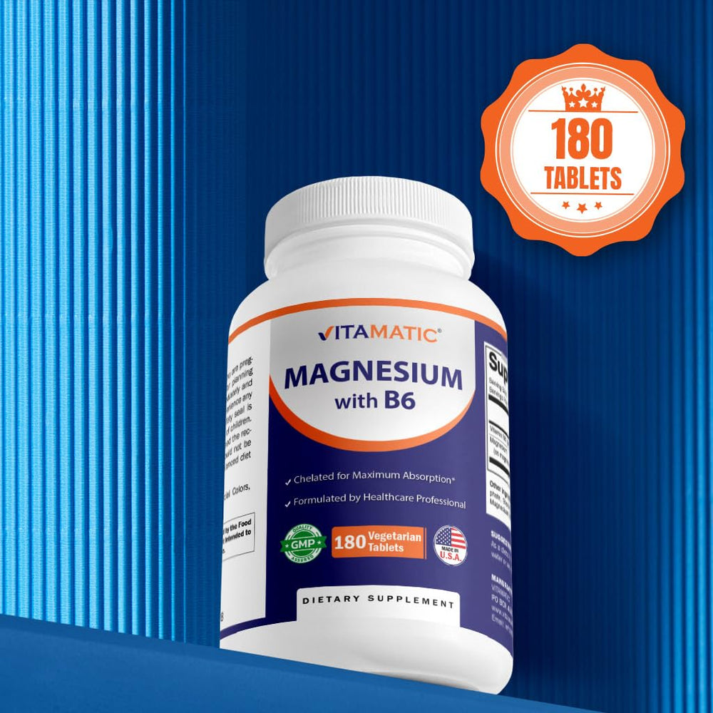 Vitamatic Magnesium with B6 serving size panel on packaging