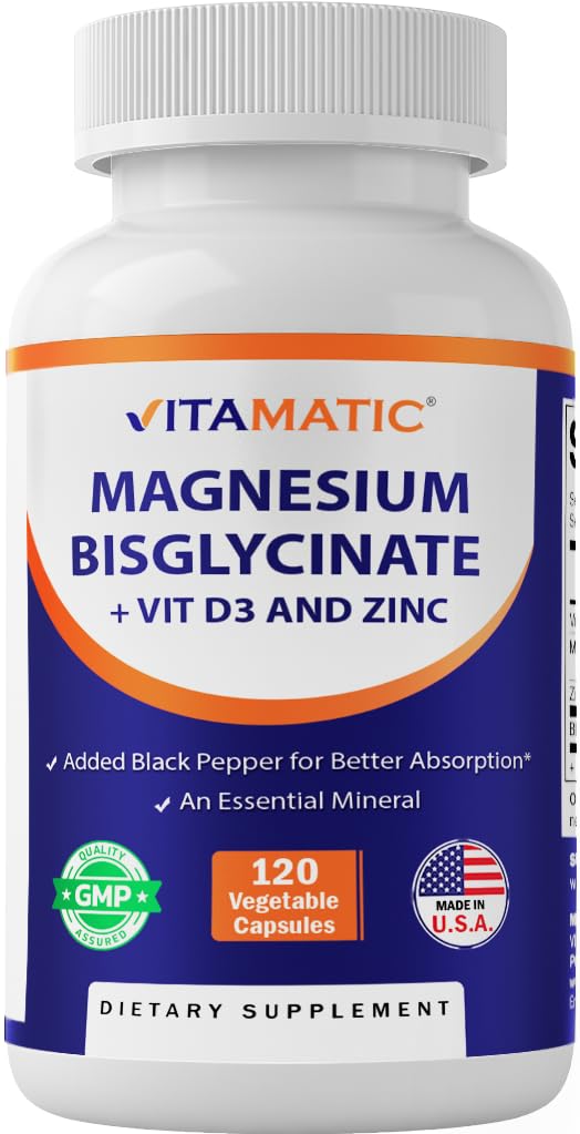 Vitamatic Magnesium bottle front label with 120 vegan capsules for daily support.