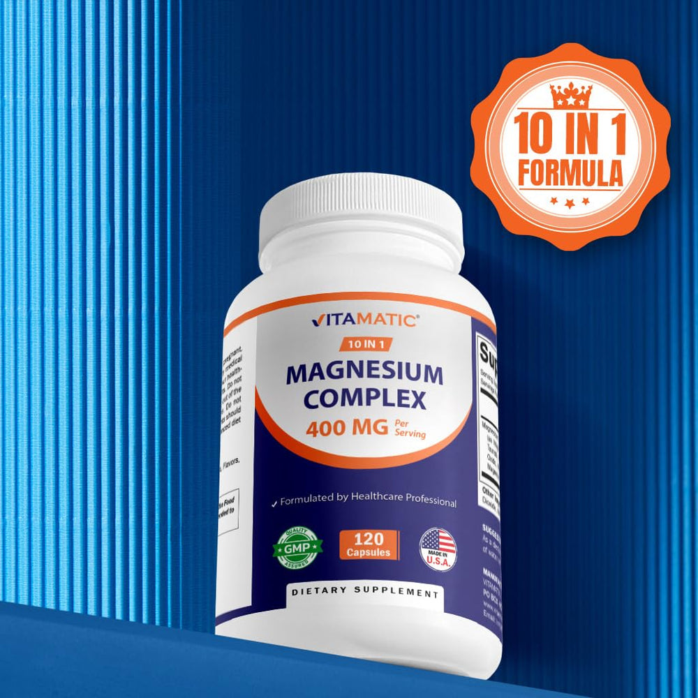 Vitamatic Magnesium Complex USA facility seal indicating manufacturing standards.