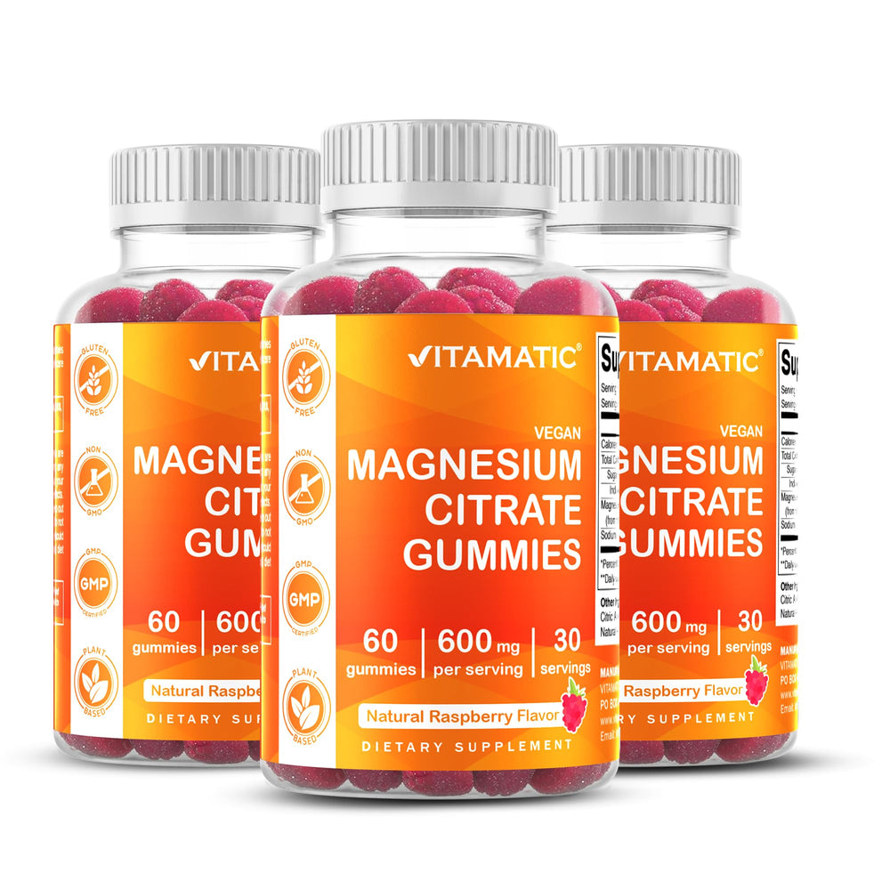 Vitamatic Magnesium Gummies raspberry bottle—tasty daily relaxation option