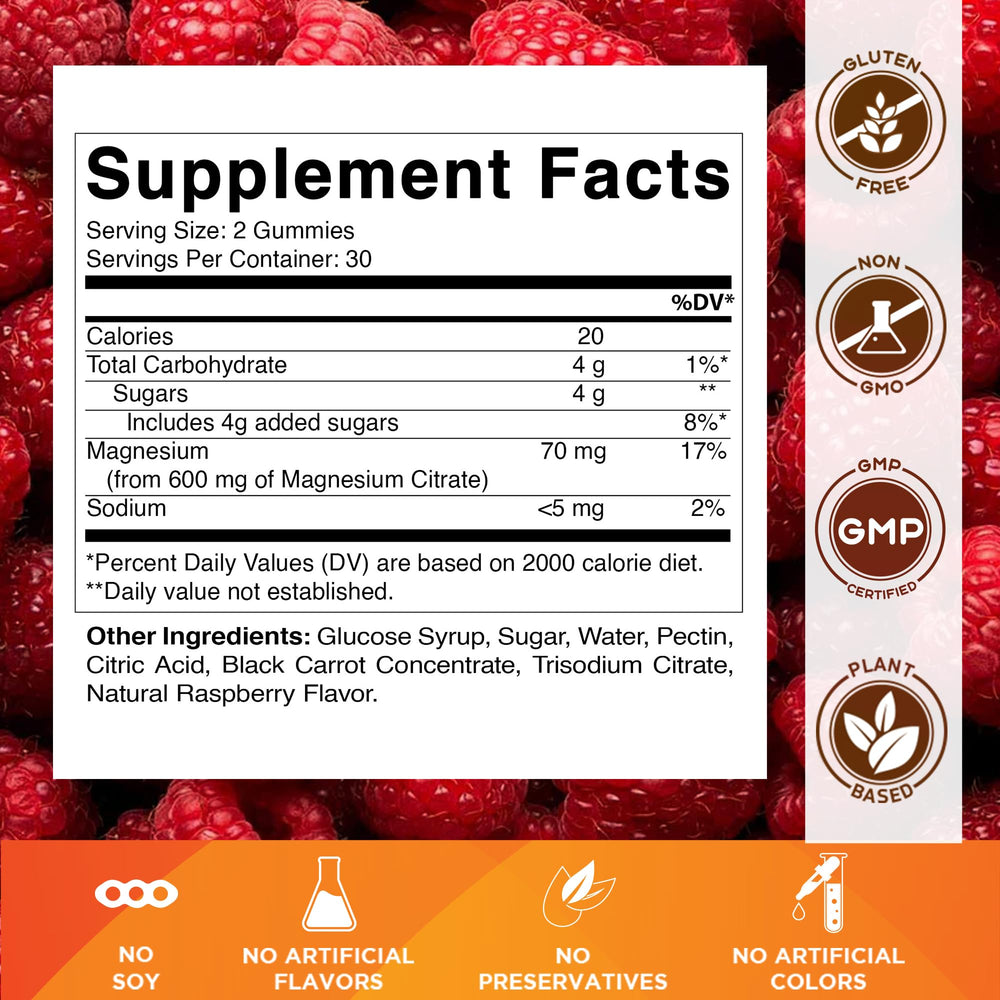 Vitamatic Magnesium Gummies raspberry flavor close-up shows easy-to-chew gummies