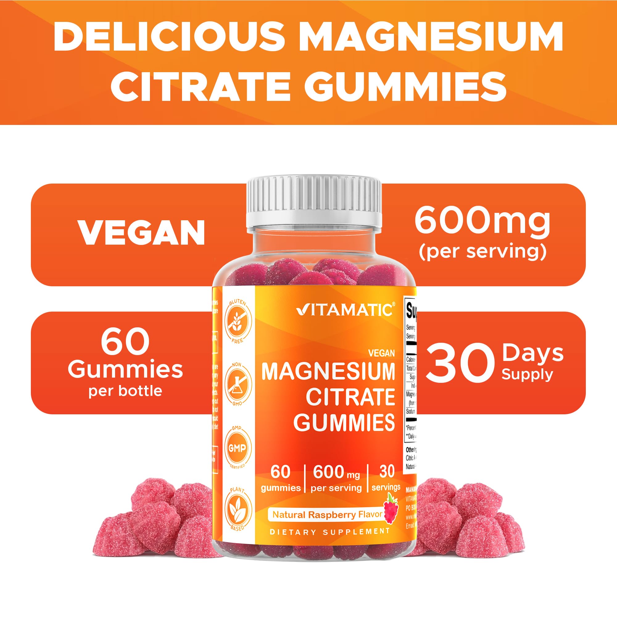 Vitamatic Magnesium Gummies vegan-pectin base—plant-based option