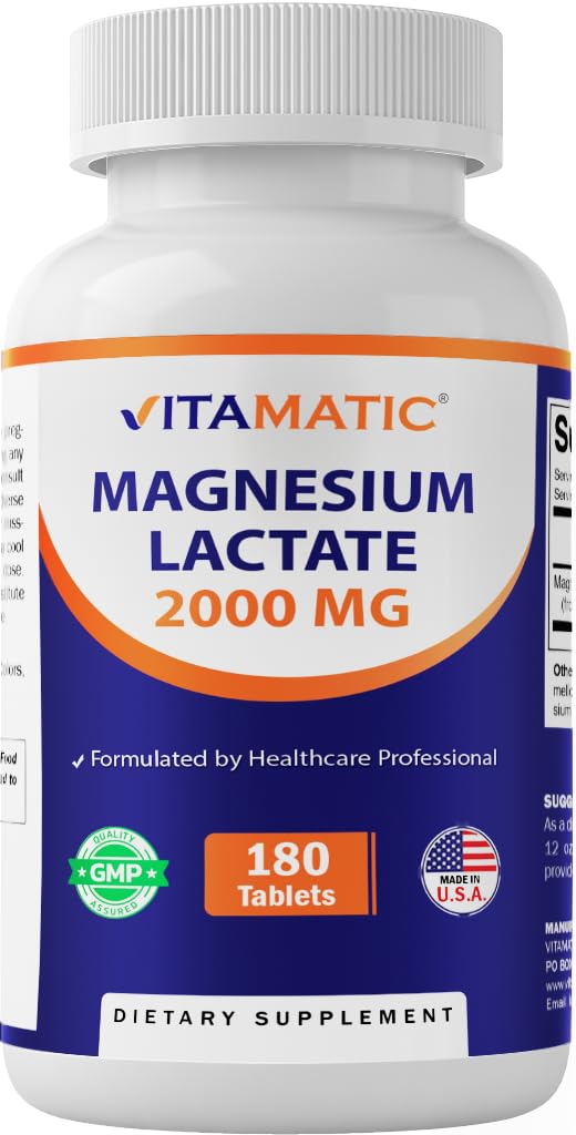 Vitamatic Magnesium Lactate bottle shows 180 tablets for daily wellness.