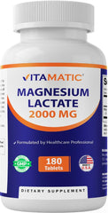 Vitamatic Magnesium Lactate bottle shows 180 tablets for daily wellness.