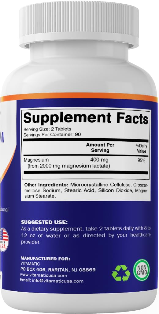 Vitamatic Magnesium Lactate no artificial colors banner highlights pure formula.