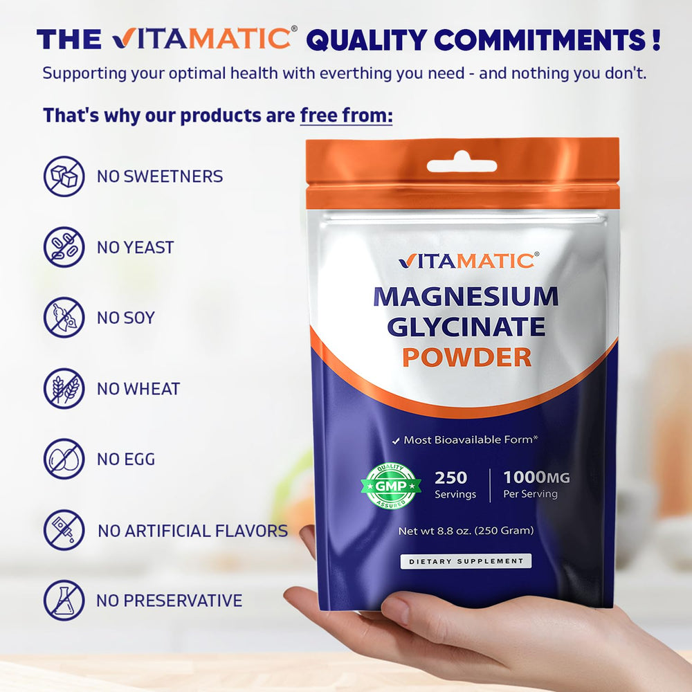 Vitamatic Magnesium non-GMO seal, emphasizing quality and clean ingredients.