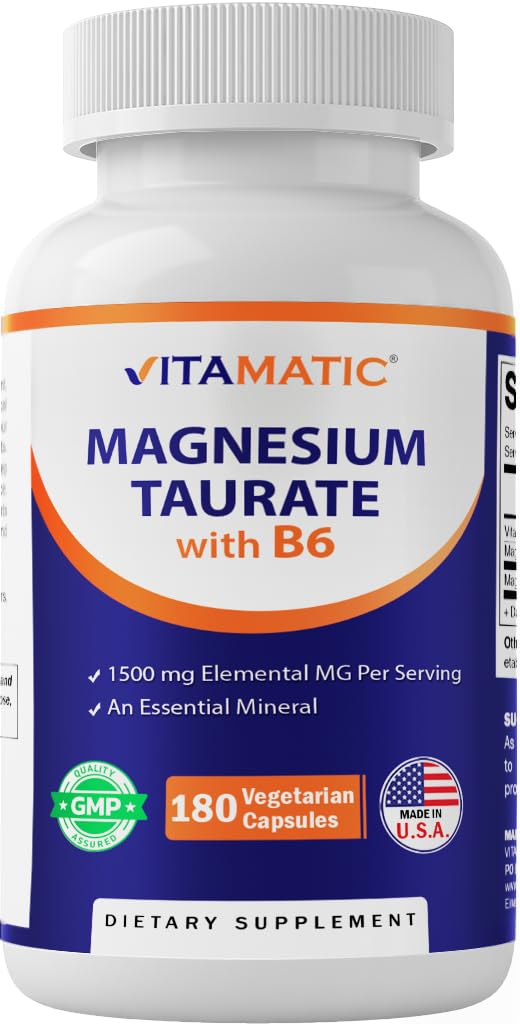 Vitamatic Magnesium Taurate bottle front highlighting potent per-serving magnesium support