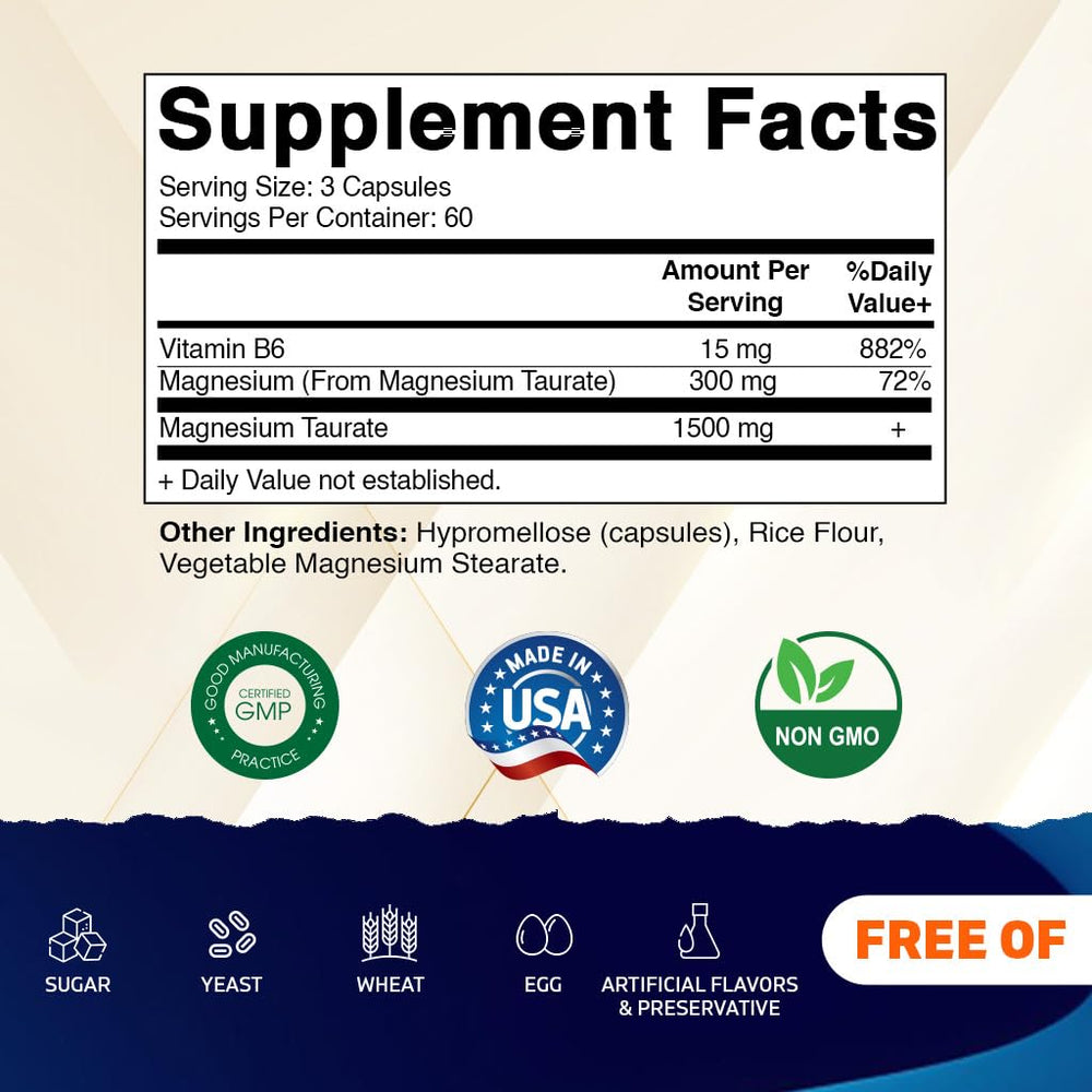 Vitamatic Magnesium Taurate bottle label close-up shows added B6 for absorption