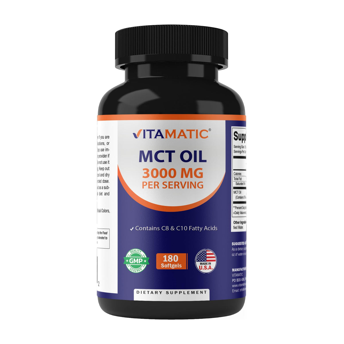 Vitamatic MCT Oil bottle front view highlights coconut-based formula for keto support.