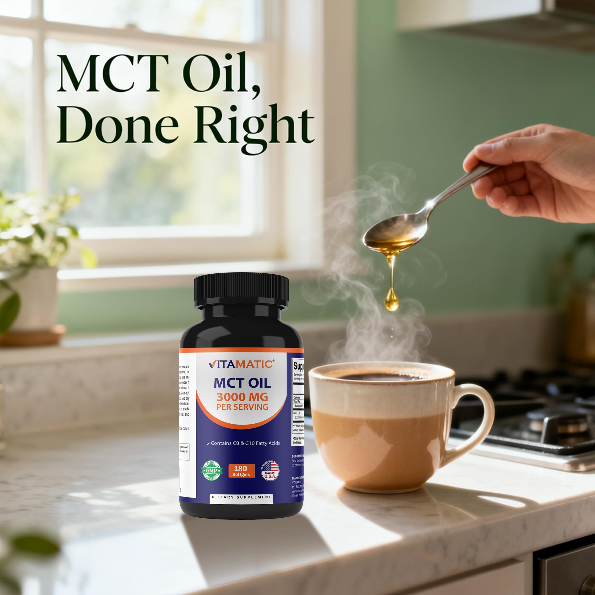 Vitamatic MCT Oil derived from coconut oil for clean energy.