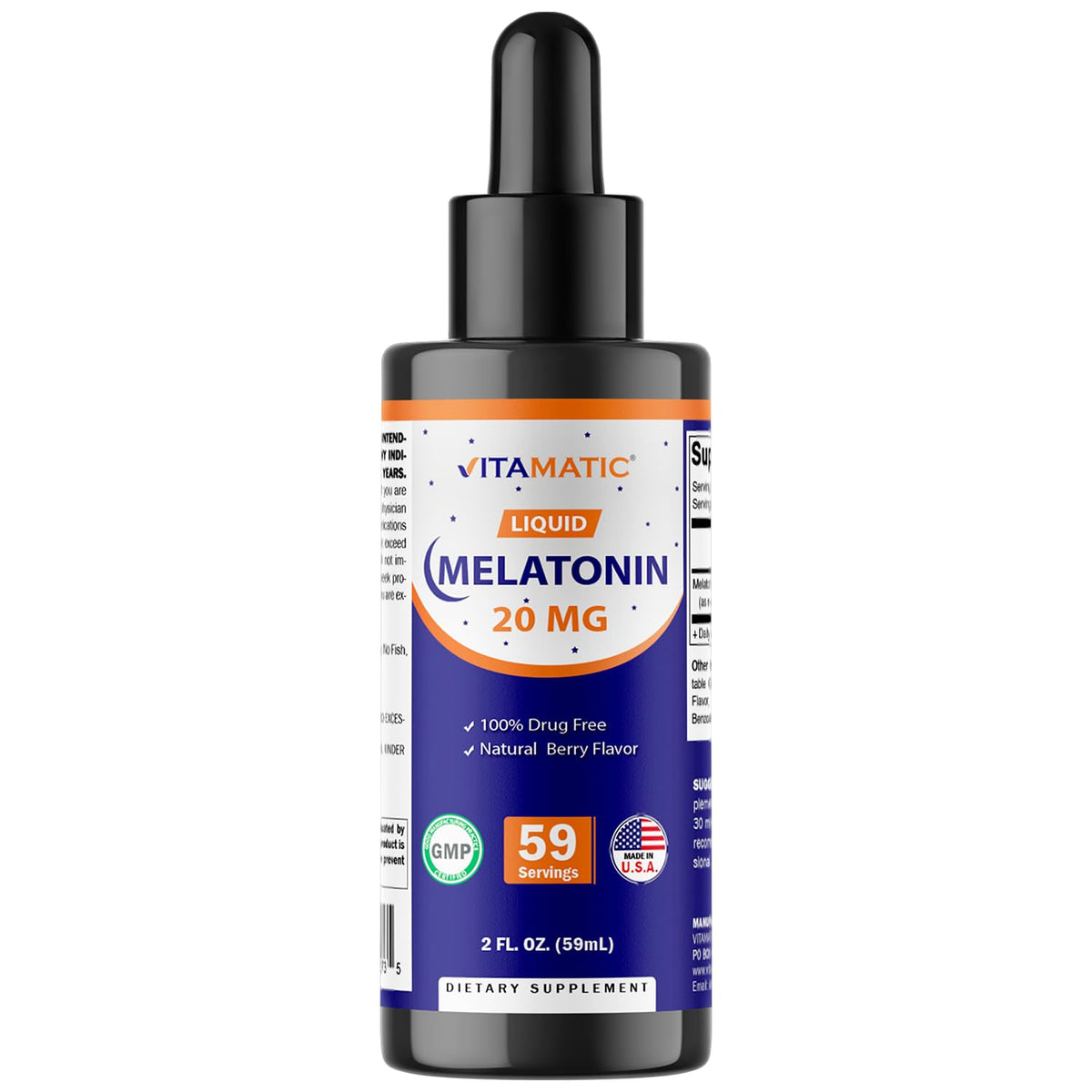 Vitamatic Melatonin 20mg liquid drops bottle shows high-potency sleep support
