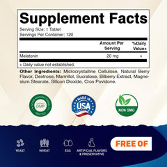 Vitamatic Melatonin bottle label highlights 20 mg and natural berry flavor.