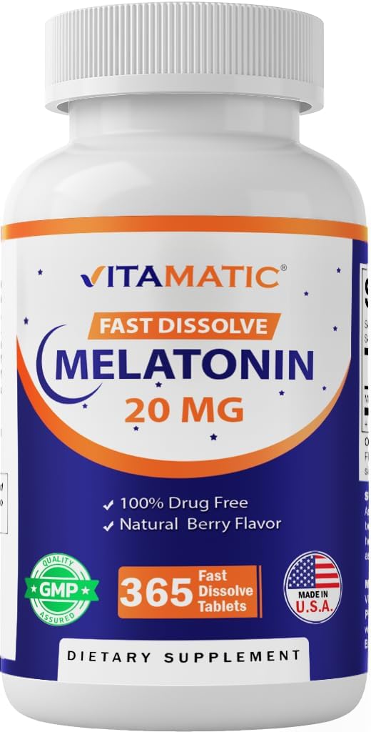 Vitamatic Melatonin 20 mg tablets bottle for nightly support.